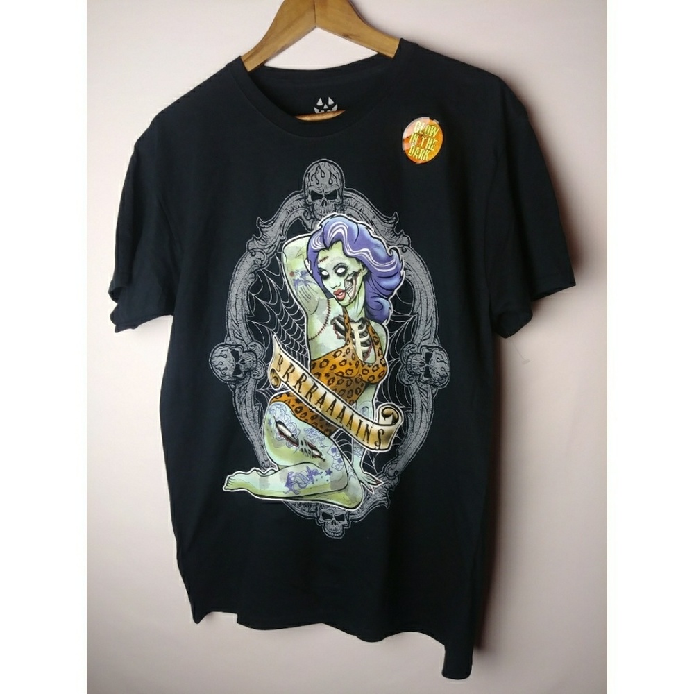 Halloween Zombie Pin up Brains Black T-Shirt NWOT